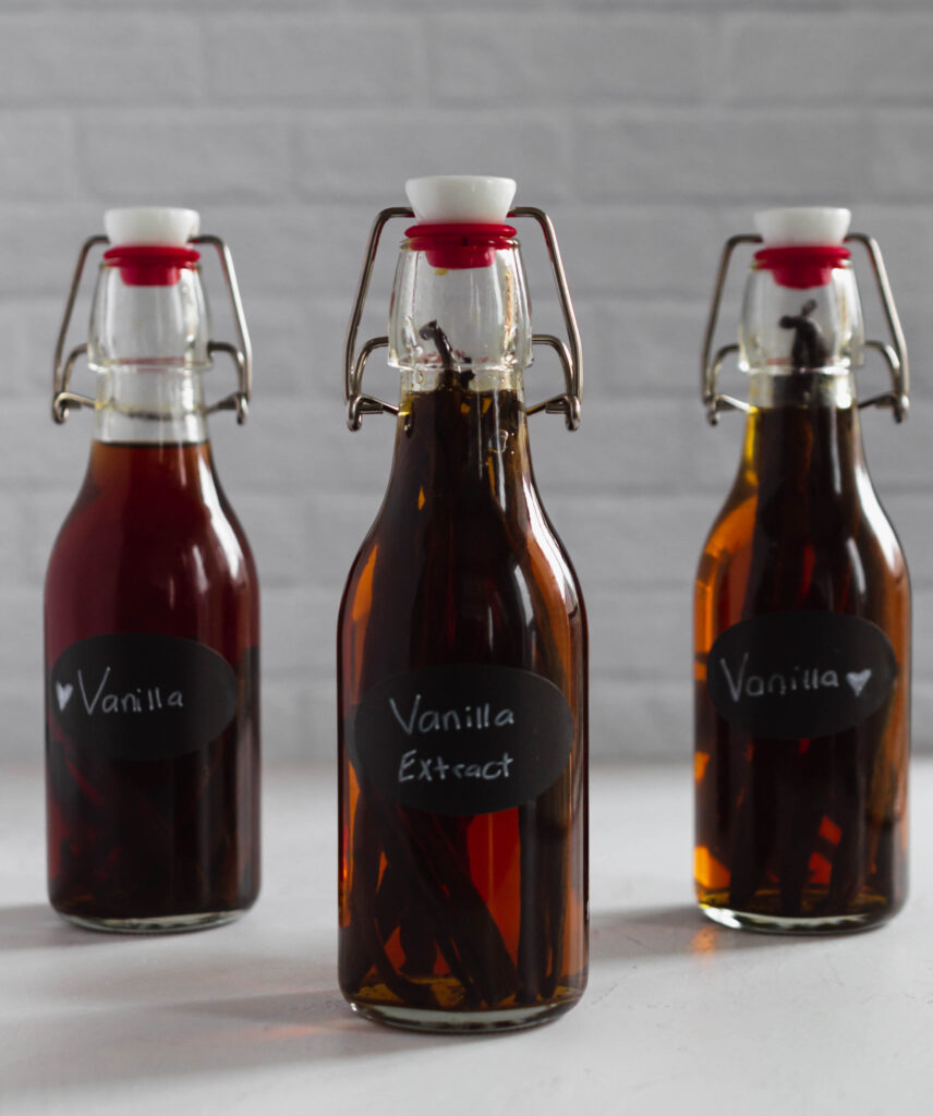 homemade vanilla extract in a glass bottle