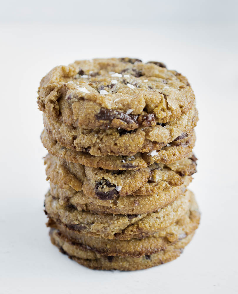 stack of chocolate chip cookies with flaky sea salt