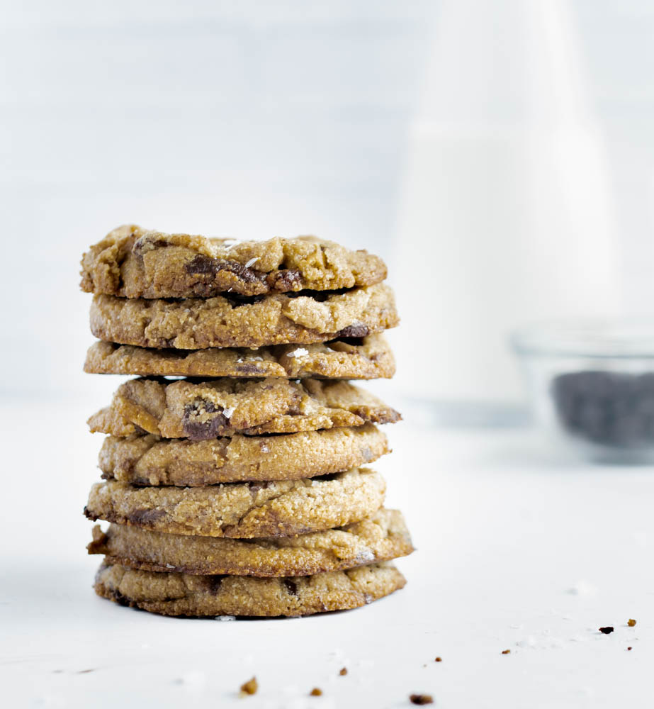 stack of gluten free brown butter cookies with crumbs around it