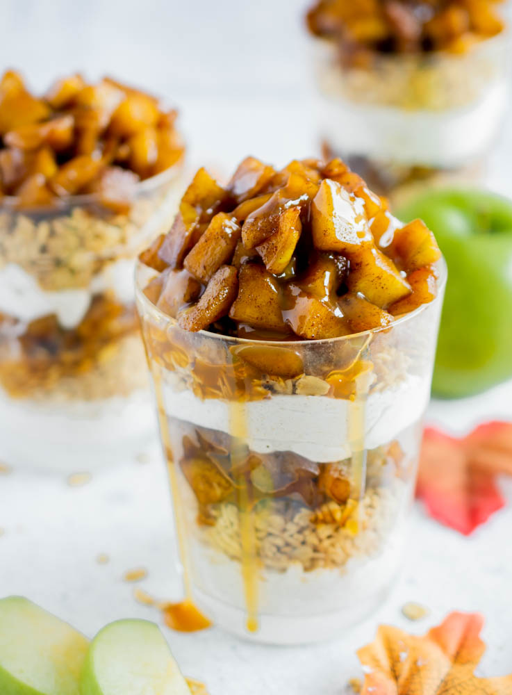 3 sugar free apple caramel trifles with apples and leaves scattered around