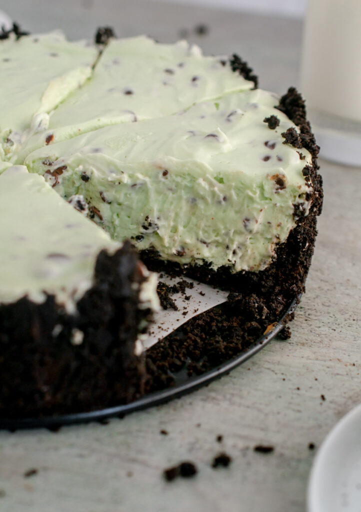 Mint Chocolate Cheesecake with a slice taken out