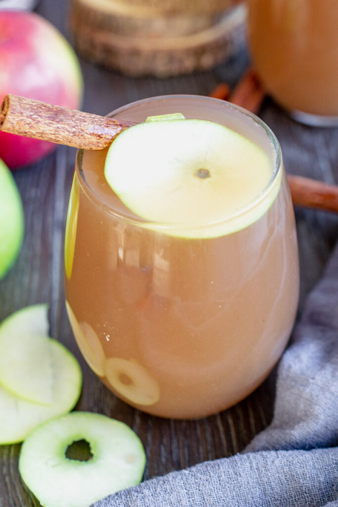 sugar free apple cider in a stemless wine glass topped with a sliced apple