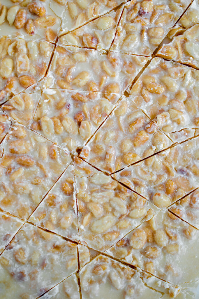 overhead photo of cut sugar free peanut brittle