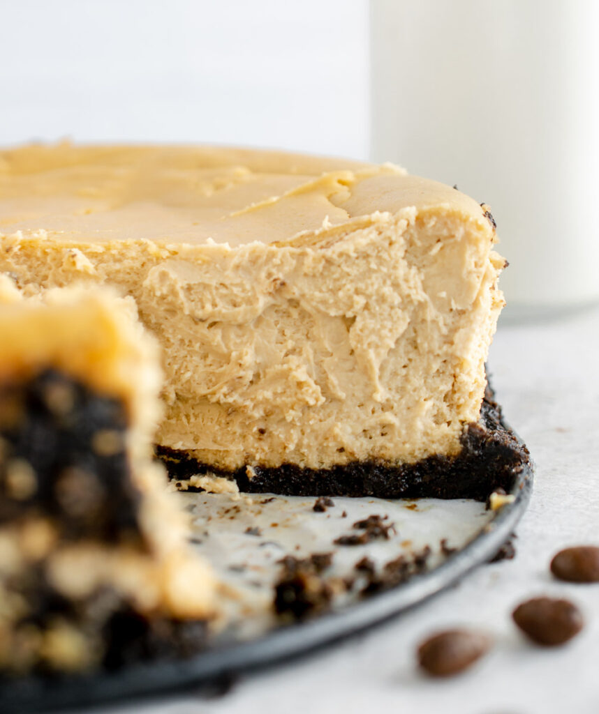 coffee cheesecake with a slice taken out