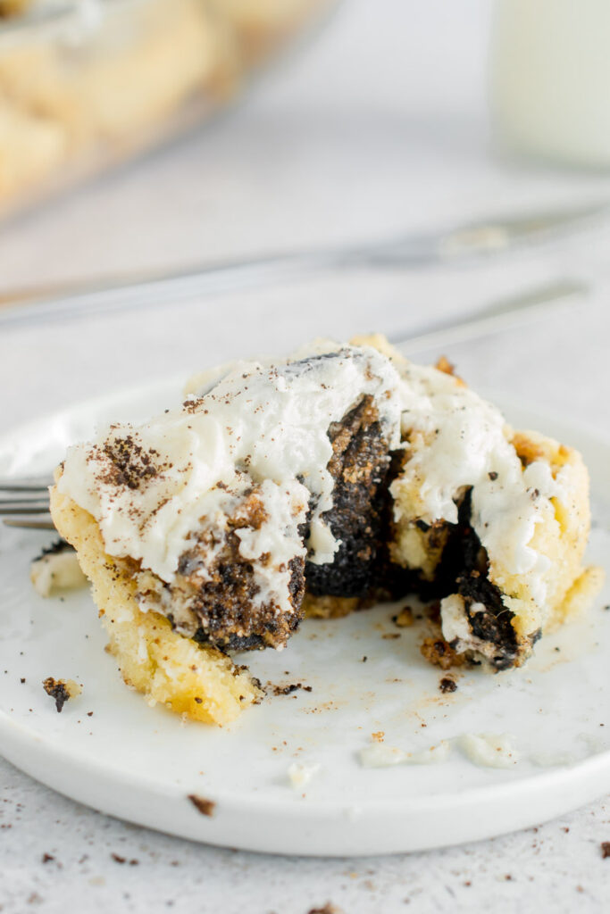 Oreo Cinnamon Rolls with a bite taken out