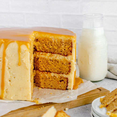 butterscotch cake with a slice taken out