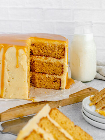 butterscotch cake with a slice taken out