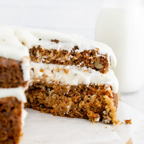 sugar free carrot cake with a slice taken out