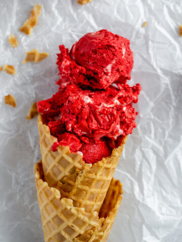red velvet ice cream in a waffle cone