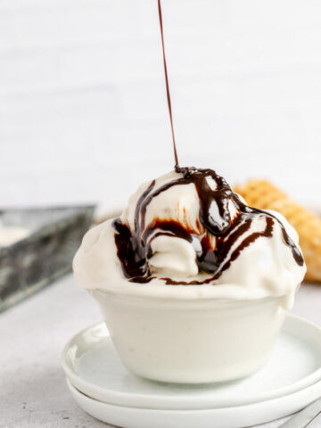 vegan gelato drizzled with chocolate sauce