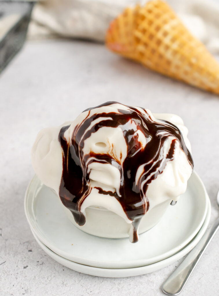 vegan gelato drizzled with chocolate sauce