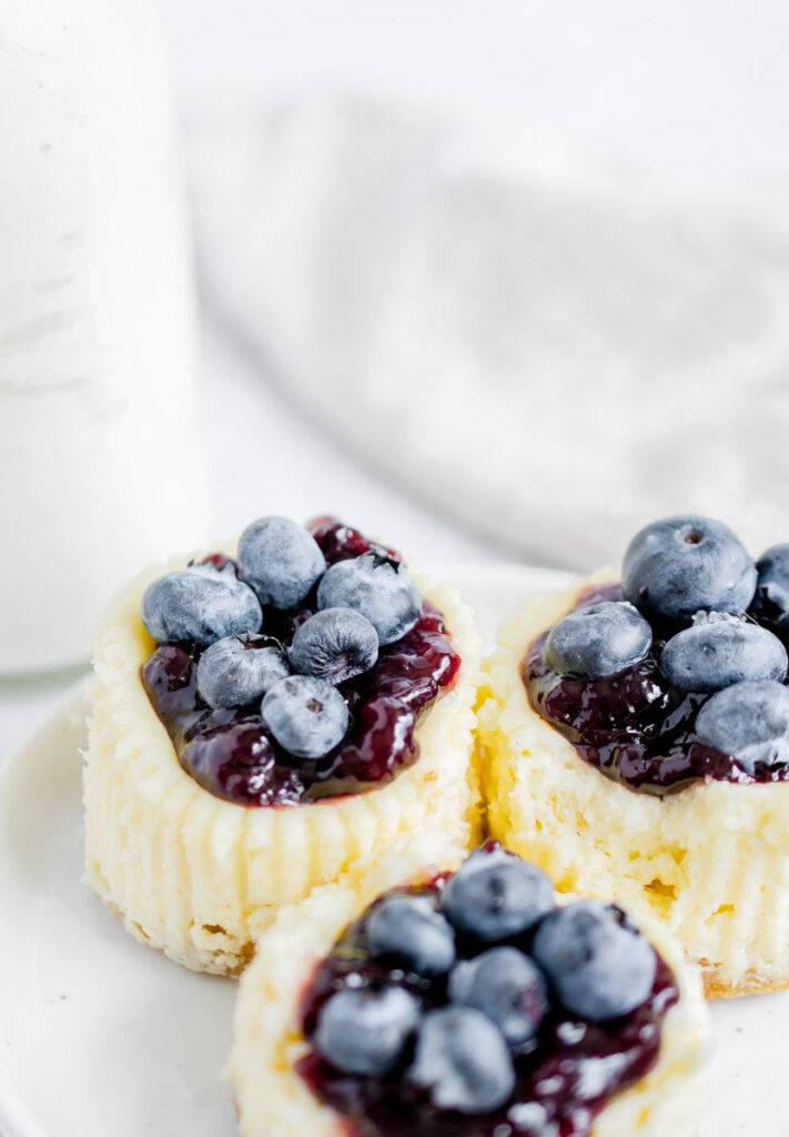 mini blueberry cheesecake on a white plate