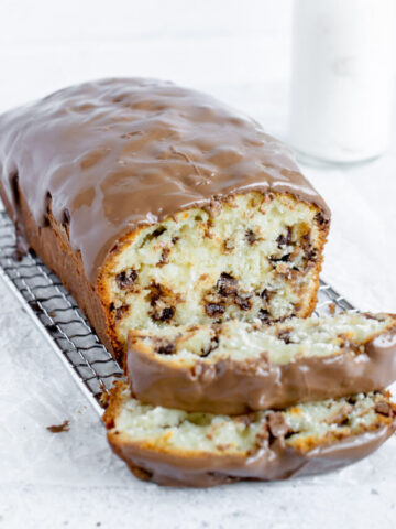 chocolate chip loaf cake with two slices taken out