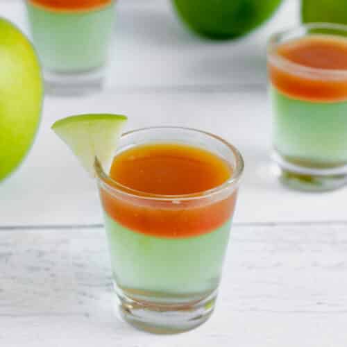 apple caramel jello shot in a shot glass
