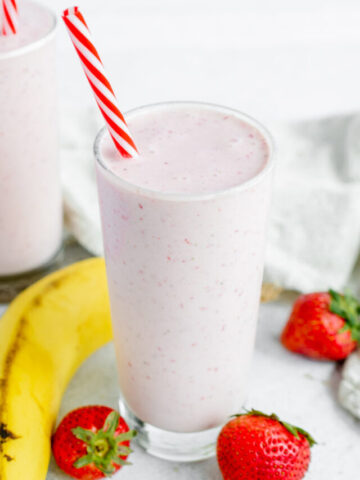 strawberry banana milkshake in a glass