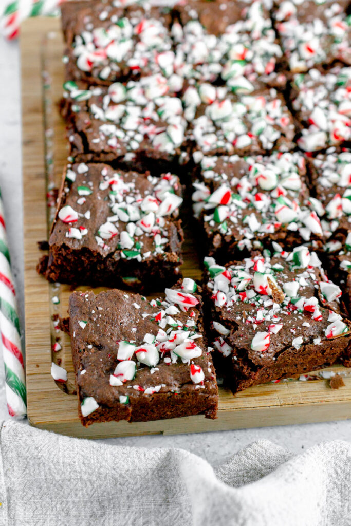 candy cane brownies on a cutting board