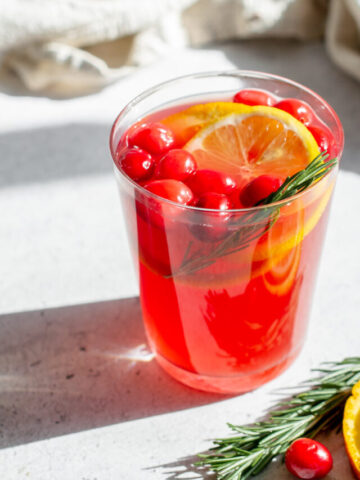 non alcoholic christmas punch with a lemon slice, orange slice, cranberries, and sage