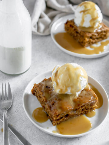 vegan sticky toffee pudding topping with whipped cream