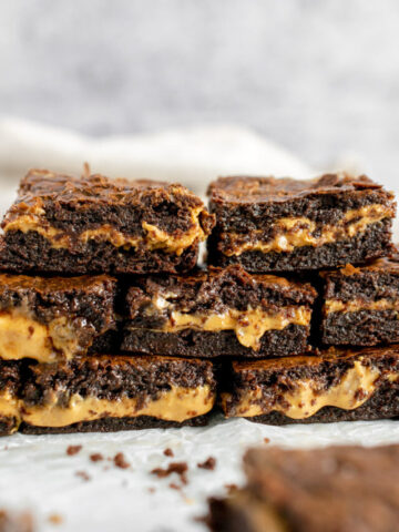 stack of chocolate peanut butter brownies