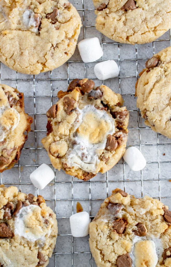 chocolate chip marshmallow cookies on a cooling rack