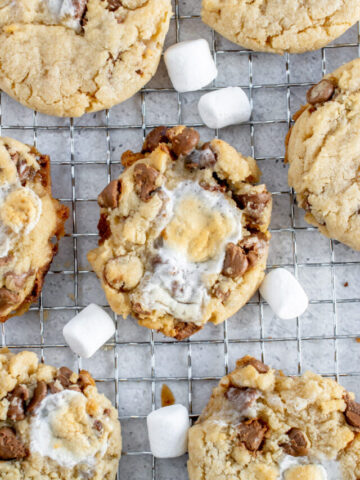 chocolate chip marshmallow cookies on a cooling rack