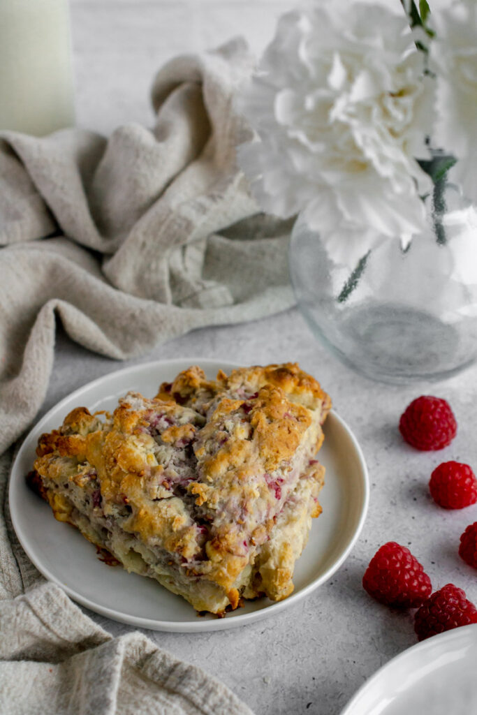 white chocolate raspberry scones on a plate